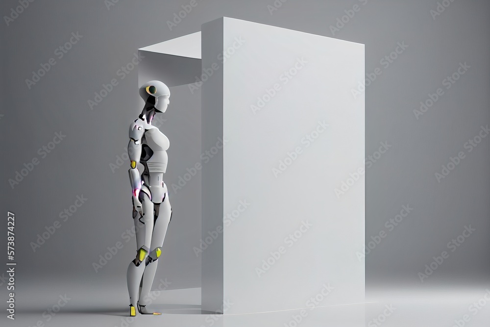 A robot standing in front of a white wall with a yellow and pink helmet ...