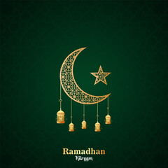 Wall Mural - Vector golden shiny moon with hanging lantern and star