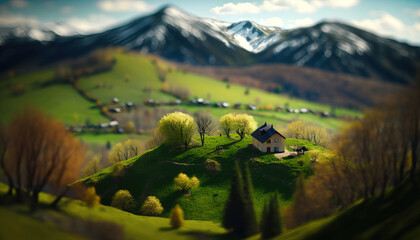 Generative AI, Mountains spring green landscape, houses, trees, road, beautiful countryside. Nature Illustration, photorealistic tilt shift horizontal banner.	
