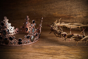 Crown Of Thorns with Crown Of on wooden background. The death and victory of Jesus Christ.