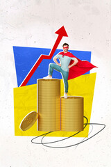 Wall Mural - Vertical metaphor artwork collage of confident successful mini superman stand big pile stack money coins growing arrow upwards