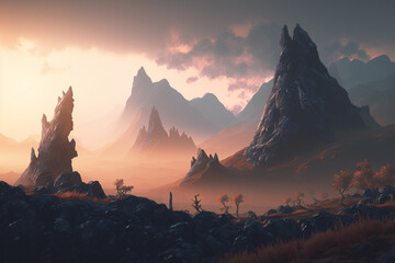 Canvas Print - foggy morning in mountainous landscape generative ai