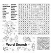 Word search with coloring page. Educational game with sea and ocean words. Learn English for children. Underwater theme. Printable activity page. Crossword for children. Vector illustration.