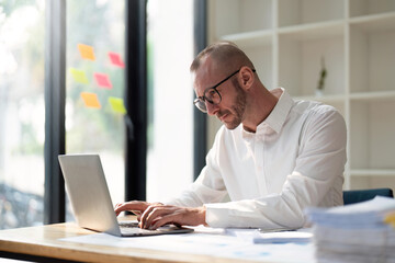 Wall Mural - Young business man working at office with laptop and papers on desk