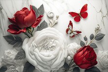 3d Wallpaper, White Flower And Red Butterfly Abstract Decoration, Wall Art, Ai Generated