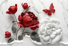 3d Wallpaper, Red Flower And White Abstract Decoration, Wall Art, Ai Generated