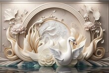 3d Wallpaper, Swan And Abstract Flower, Wall Art, Ai Generated
