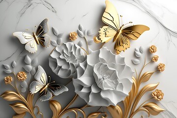 3d wallpaper, abstract golden butterfly and flower decoration, wall art, ai generated