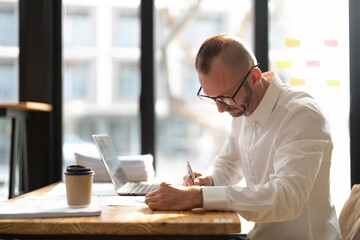 Wall Mural - Young business man working at office with laptop and papers on desk