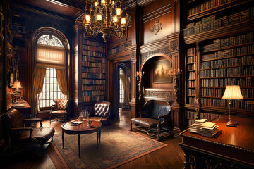 a grand and historic library with towering bookcases, antique furnishings, and a quiet atmosphere - 