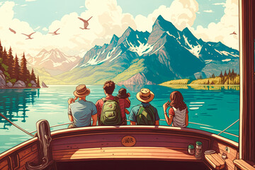 A group of friends on a boat, enjoying a sunny day on a calm lake with mountains in the background, illustration - Generative AI