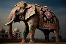 Adorned Elephant Dressed In Rich Ornate Fabrics For Hindu Worship Created With Generative AI Technology