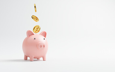 Wall Mural - Golden coin dropping  to pink piggy bank for Money saving and deposit investment to get profit and dividend concept by 3d rendering.