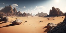 A Desert Scene With Rocks And Sand And A Sky Background With Clouds And Sun Beams Unreal 5 A Matte Painting Photorealism
