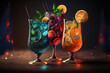 Beautiful cold cocktails drinks on the bar background, refreshing tasty alcoholic and non-alcoholic drinks, generated ai