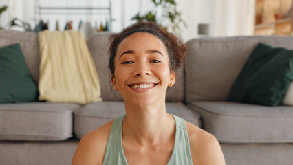 Canvas Print - Happy, meditation breathing and face of a woman with peace, relax and zen smile in a house for balance. Wellness, mind and portrait of a girl with spiritual faith and calm during mindset exercise