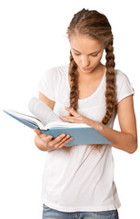 Wall Mural - Friendly Young Girl Standing and Reading Book - Isolated