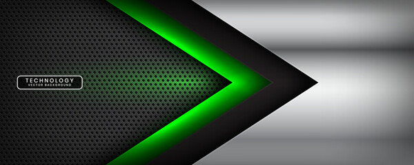 Wall Mural - 3D black silver techno abstract background overlap layer on dark space with green light effect decoration. Modern graphic design element arrow style concept for banner, flyer, card, or brochure cover