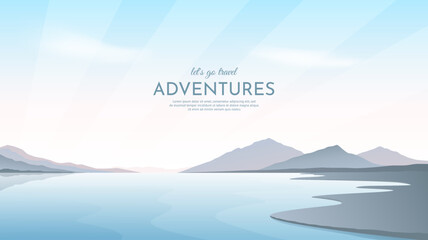 Wall Mural - sunset on the lake. a gentle river bank and silhouettes of mountains in the distance. morning twilig