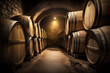Wine barrels in a underground storage facility
