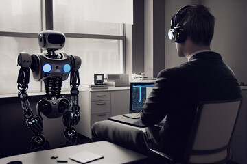 Wall Mural - ai artificial intelligence or humanoid robot talking to human consult and advise wisely project deve