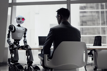 Wall Mural - ai artificial intelligence or humanoid robot talking to human consult and advise wisely project deve
