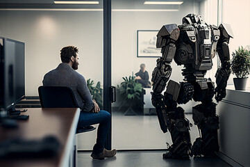 Wall Mural - ai artificial intelligence or humanoid robot talking to human consult and advise wisely project deve