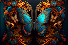 A Blue And Orange Butterfly On A Black Background. Generative Ai.