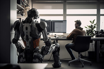 Wall Mural - ai artificial intelligence or humanoid robot talking to human consult and advise wisely project deve