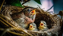  A Nest With Three Baby Birds In It And A Mother Bird In The Middle Of It's Nest With Two Babies In It's Mouth.  Generative Ai