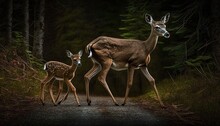  A Couple Of Deer Walking Down A Road Next To A Forest Filled With Tall Grass And Tall Trees On Both Sides Of The Road Are Two Young Deers.  Generative Ai