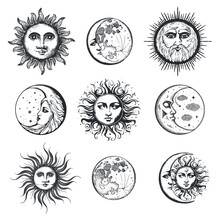Moon And Sun, Hand Drawing In Engraving Style Set