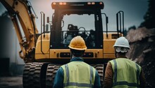  Two Construction Workers Standing In Front Of A Bulldozer At A Construction Site In The Evening Hours Of The Day With The Lights On.  Generative Ai