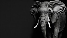  A Black And White Photo Of An Elephant With Tusks And Tusks On It's Ears And Tusks, With A Black Background.  Generative Ai