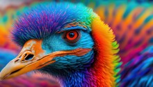  A Close Up Of A Multicolored Bird With A Large Beak And A Long Bill Of Feathers, With A Red, Orange, Yellow, Blue, Green, And Purple, And Orange Beak.  Generative Ai