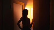 Seductive Young Beautiful Woman Opens Door With Sun Light Rays, Black Silhouette Adult Girl Standing In Dark Room Corridor House. Gothic Mystery Lady. Long Evening Sexy Dress Back Rear View. Video 4k