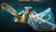 Verschmutzung der Ozeane. Schildkröte mit Plastikmüll. Generative AI
