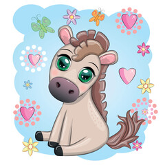  Cute cartoon horse, pony for card with flowers, balloons, heart
