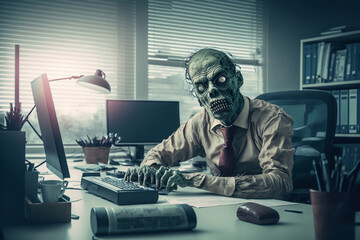 Zombie businessman working in an office. Generative Ai.  