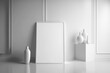 © belyaaa - White timeless mockup with white frame win fron of white wall and vases. generative Ai.