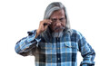 © chomplearn_2001 - Grey-haired old man holding broken glasses, looking at camera on white background