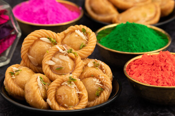 Chandrakala Gujia Mithai Also Called Suryakala Gujiya, Pirukiya, Pirukia, Pedakiya, Karanji, Basundi Gughra Made Of Suji Ghee Stuffed With Mawa Khoya Chasni Mava Khoa For Deepawali, Teez, Holi, Teej