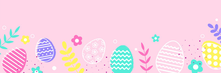 Wall Mural - Pastel Easter background with eggs and flowers. Minimal design for banner. Vector illustration
