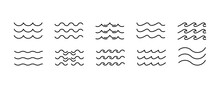 Sea Wave Icon Set. Set Of Thin Line Waves. Various Wave Water Lake River. Water Logo, Line Ocean Symbol In Vector Flat Style. Seamless Abstract Line Pattern. Water Outline Symbol. Sea And Ocean Signs