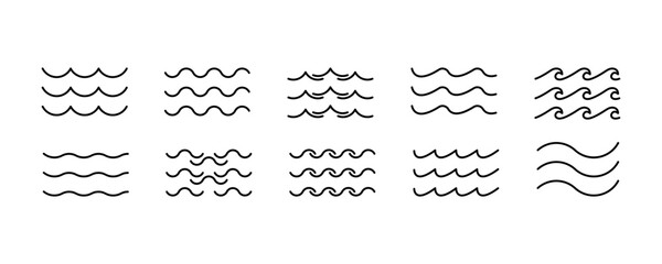 Sea wave icon set. Set of thin line waves. Various wave water lake river. Water logo, line ocean symbol in vector flat style. Seamless abstract line pattern. Water outline symbol. Sea and Ocean signs