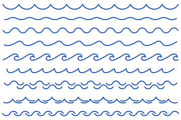 Sea wave icon set. Set of thin line waves. Various wave water lake river. Water logo, line ocean symbol in vector flat style. Seamless abstract line pattern. Water outline symbol. Sea and Ocean signs