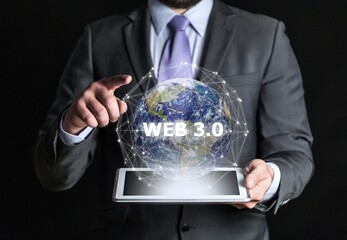 Poster - Web concept, businessman hold a globe