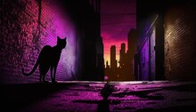  A Cat Standing In The Middle Of A Street Next To A Brick Wall With A City Skyline In The Background At Sunset Or Dawn Or Dawn.  Generative Ai