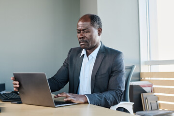 Aufkleber - Experienced director of business company sitting by workplace in front of laptop in office and looking through online documents