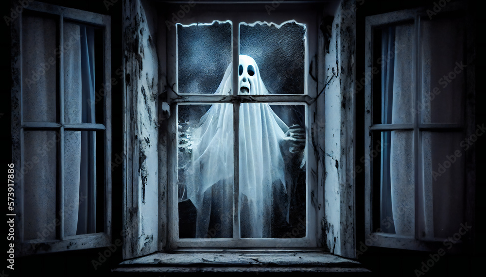 Ghostly Window A very scary ghost peeping through the window at night. Generative AI ...